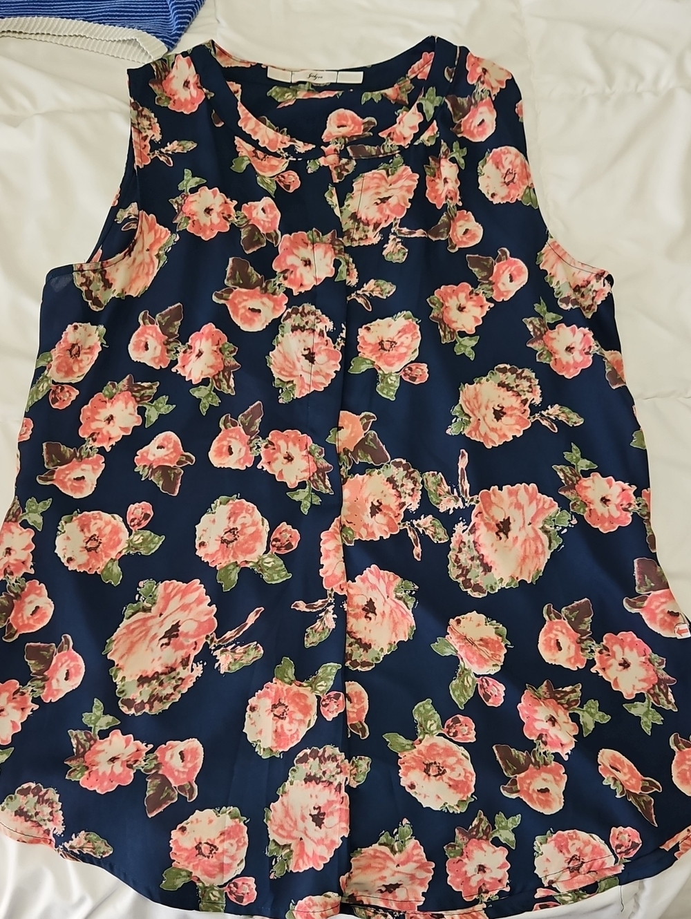 Gibson Navy Blue Floral Sleeveless Tank Top with Pink Blooms